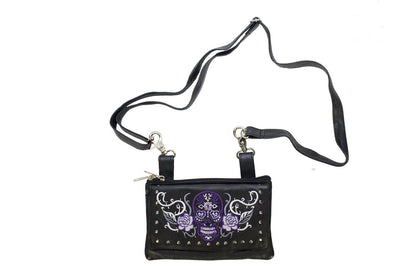 Studded Purple Sugar Skull Naked Cowhide Leather Belt Bag