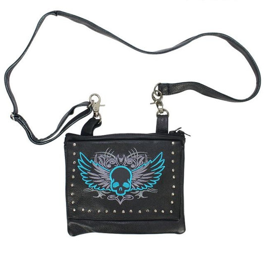 Studded Naked Cowhide Leather Turquoise Winged Skull Belt Bag