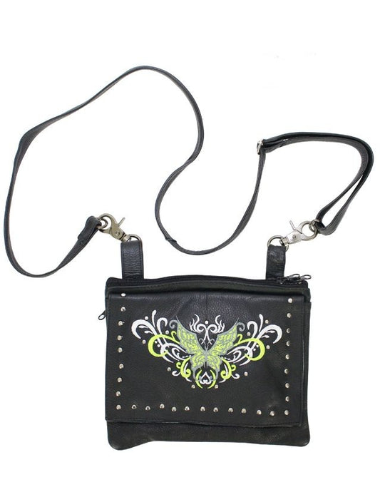 Naked Cowhide Leather Lime Green Butterfly Belt Bag W/ Studs