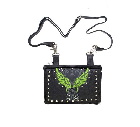 Studded Naked Cowhide Leather Belt Bag with Lime Green Wings