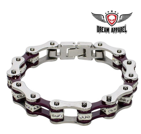 Large Chrome and Violet Motorcycle Chain Bracelet with Gemstones