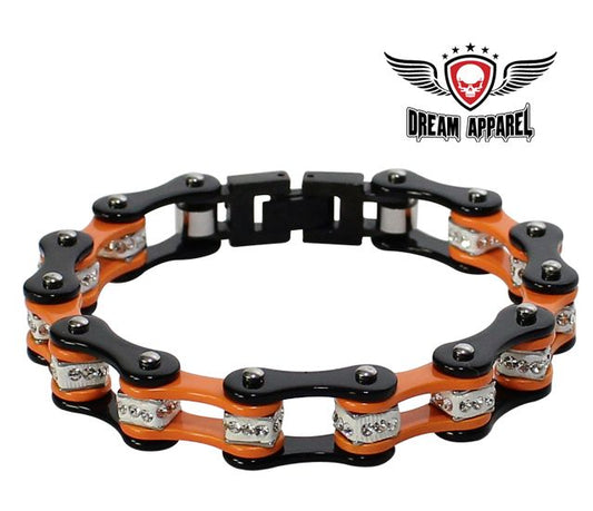 Large Black And Orange Motorcycle Chain Bracelet with Gemstones