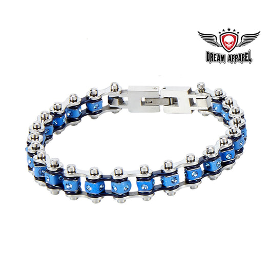 Chrome and Blue Squared Motorcycle Bracelet With Blue Gemstones