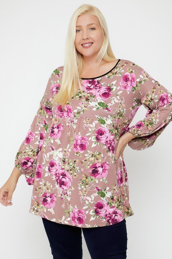 Pink and Floral Bubble Sleeve Tunic