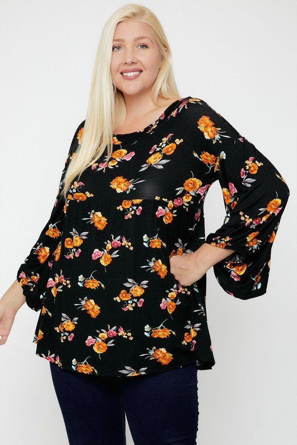 Black Yellow and Floral Bubble Sleeve Tunic