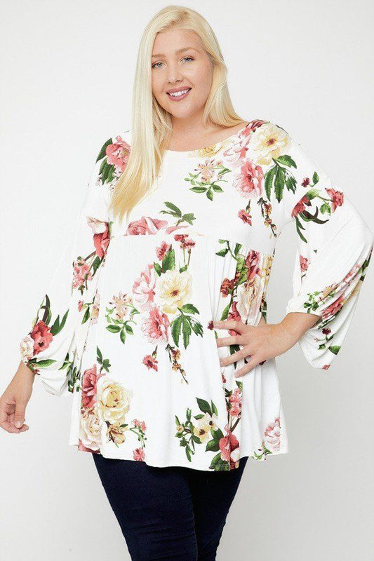 Off White Floral Bubble Sleeve Tunic