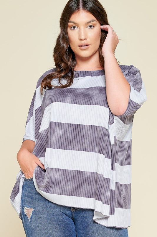 Plus Size Stripe Printed Pleated Blouse - Blue