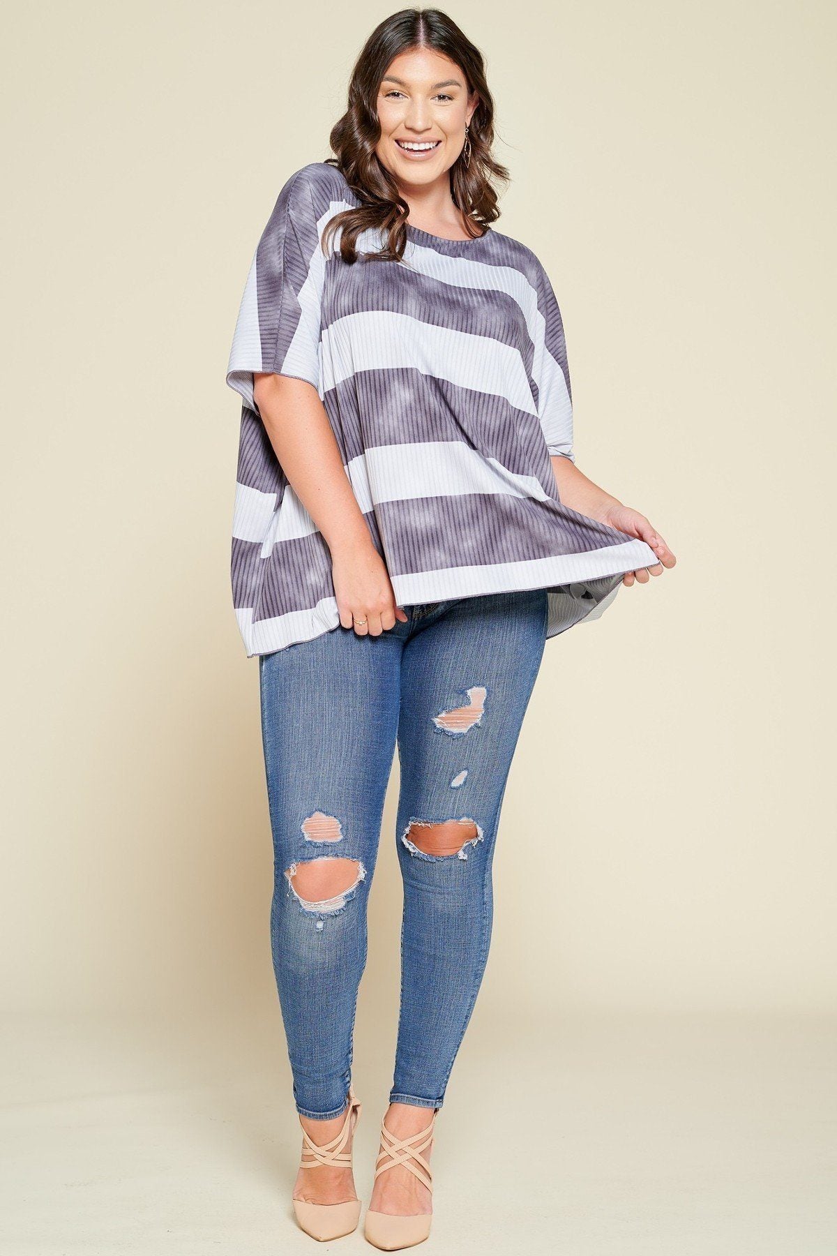 Plus Size Stripe Printed Pleated Blouse - Blue