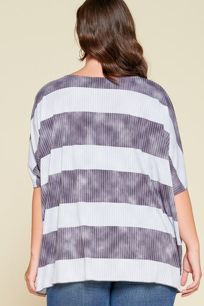 Plus Size Stripe Printed Pleated Blouse - Blue