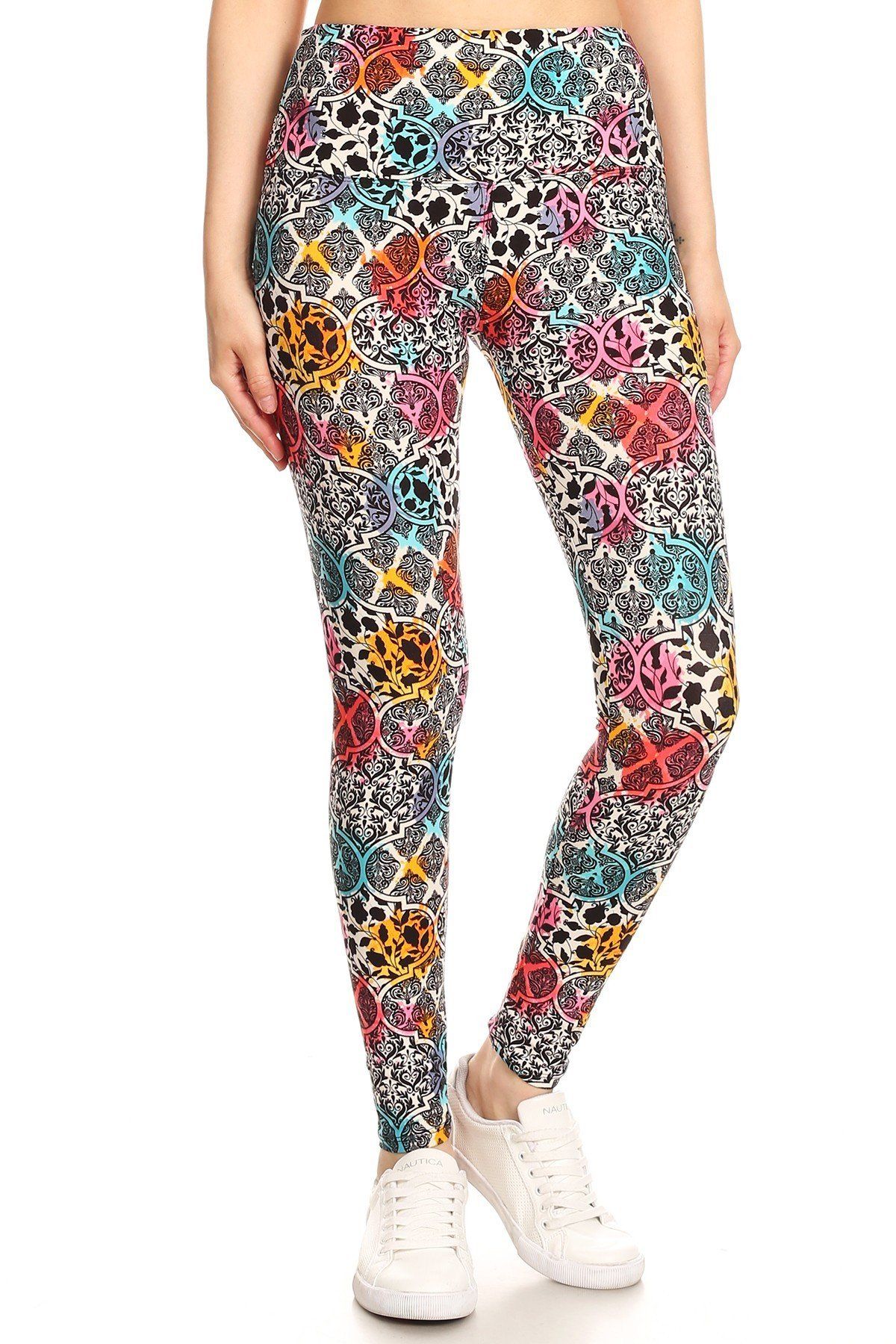 Damask Pattern Printed Yoga Style Knit Legging With High Waist