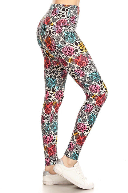 Damask Pattern Printed Yoga Style Knit Legging With High Waist