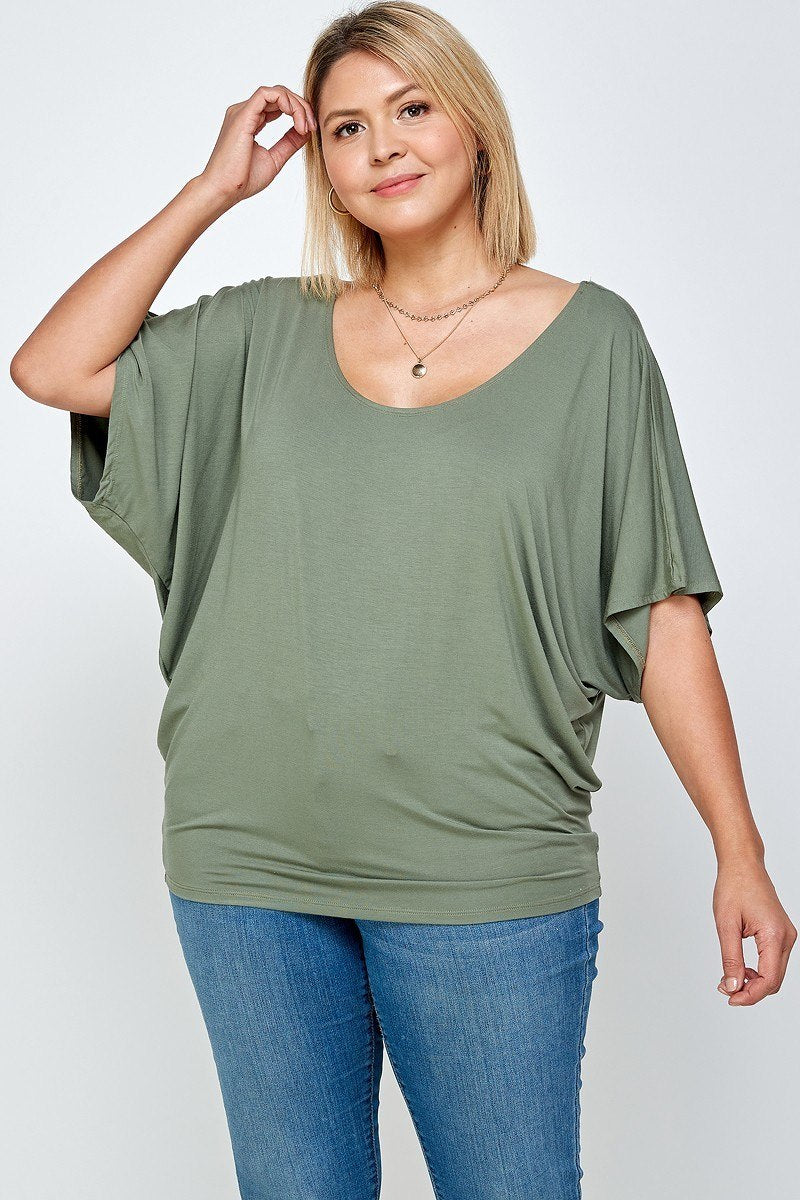 Plus Size Solid Knit Top With A Flowy Silhouette - Olive