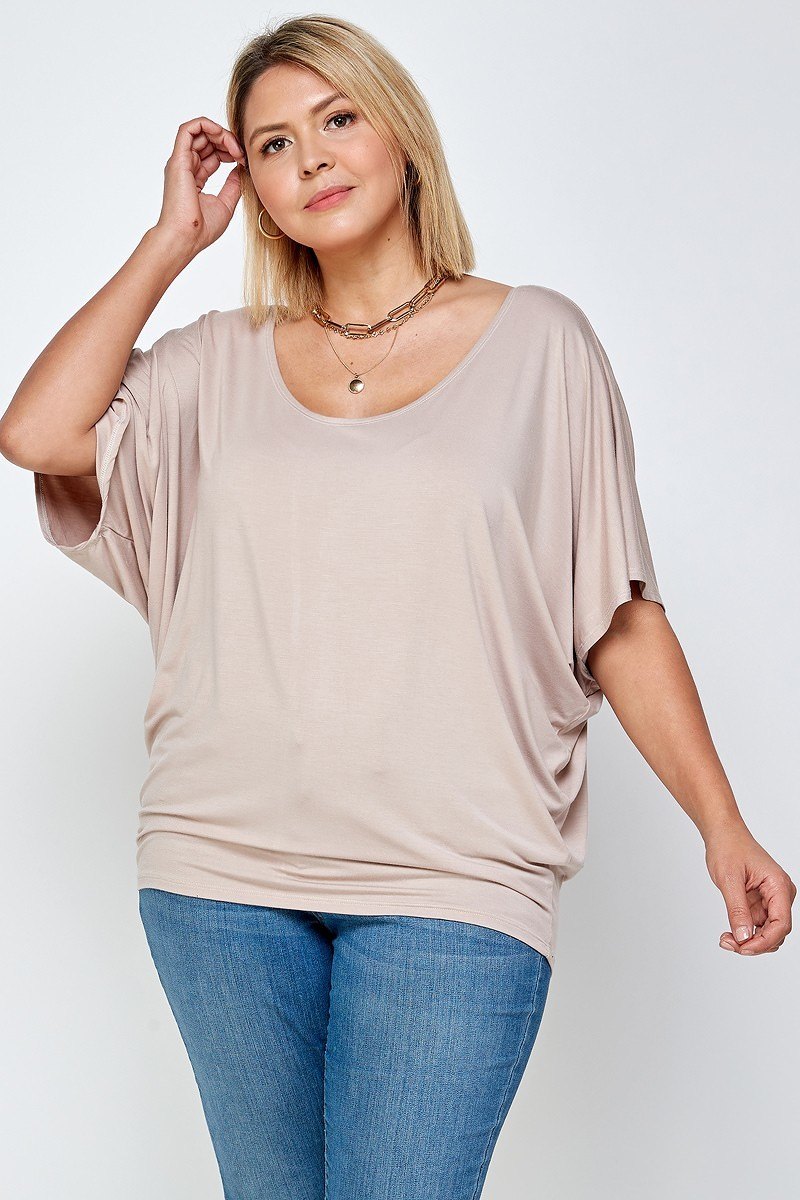 Plus Size Solid Knit Top With A Flowy Silhouette - Neutral Sand