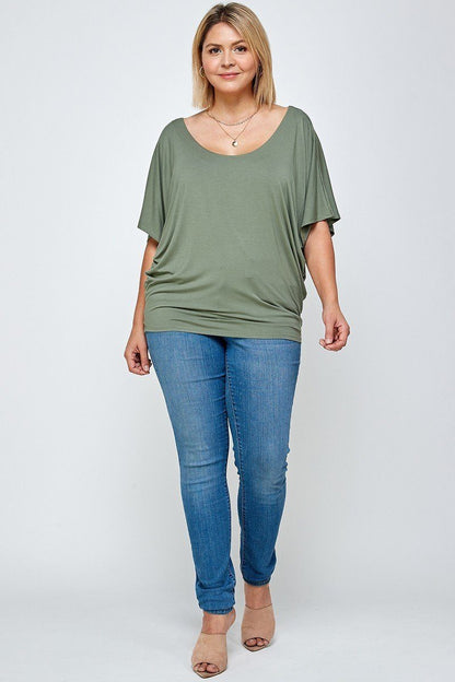 Plus Size Solid Knit Top With A Flowy Silhouette - Olive