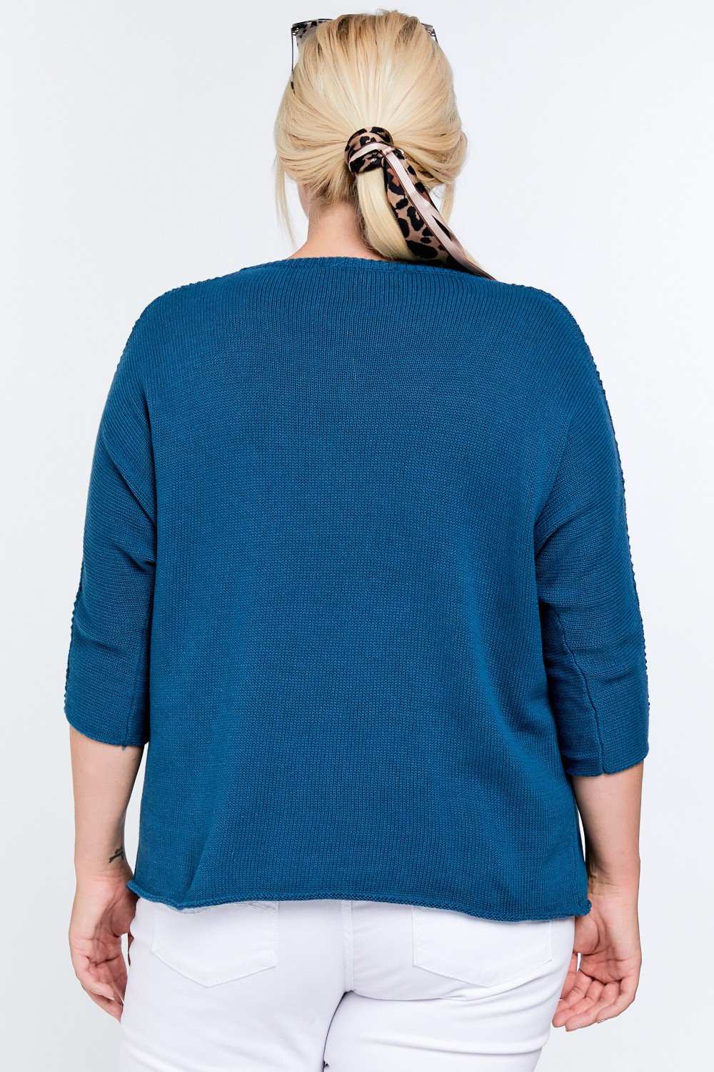 Solid Round Neck 3/4 Sleeve Sweater Top - Blue