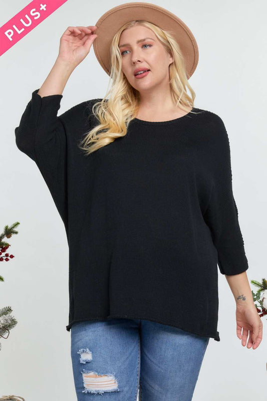 Solid Round Neck 3/4 Sleeve Sweater Top - Black