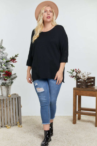 Solid Round Neck 3/4 Sleeve Sweater Top - Black