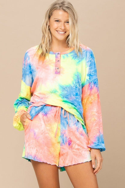 Tie-dye Print Knit Top And Shorts Set