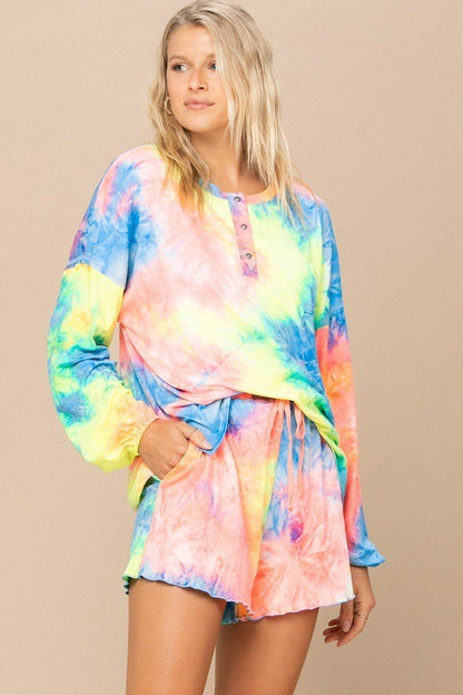 Tie-dye Print Knit Top And Shorts Set