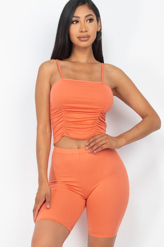 Flamingo Camisole Ruched Sleeveless Top & Biker Shorts Set