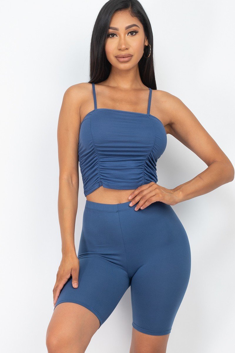 Blue Haze Camisole Ruched Sleeveless Top & Biker Shorts Set