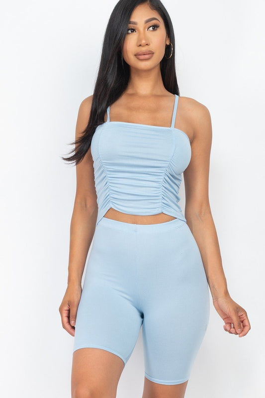 Sky Blue Camisole Ruched Sleeveless Top & Biker Shorts Set