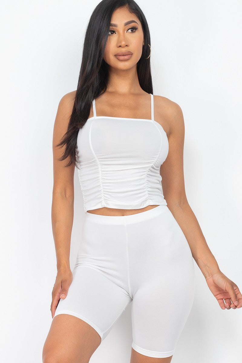 White Camisole Ruched Sleeveless Top & Biker Shorts Set