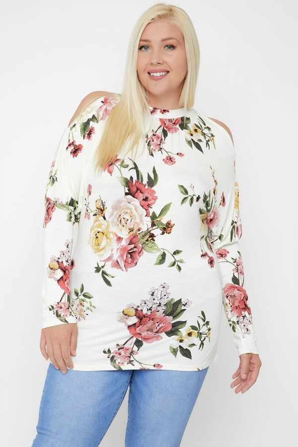 White Flattering Cutout Details Floral Print Top