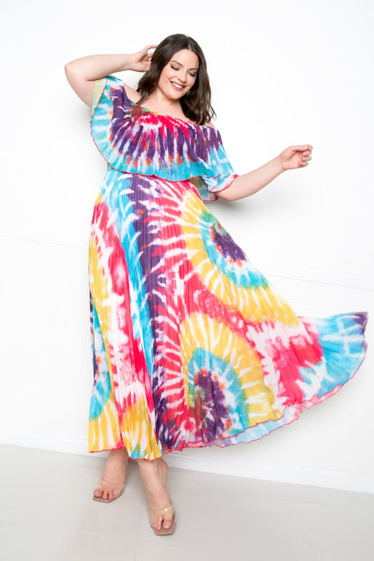 Plus Size Tie Dye Off Shoulder Pleated Maxi Dress