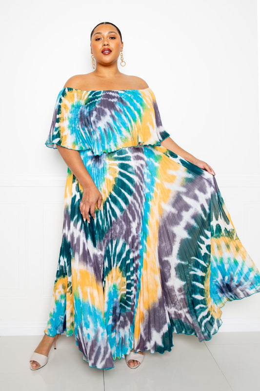 Tie Dye Off Shoulder Pleated Maxi Dress