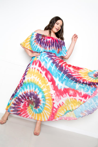 Plus Size Tie Dye Off Shoulder Pleated Maxi Dress