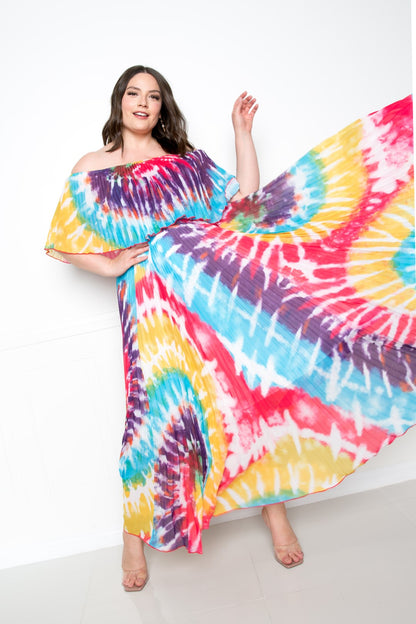 Plus Size Tie Dye Off Shoulder Pleated Maxi Dress