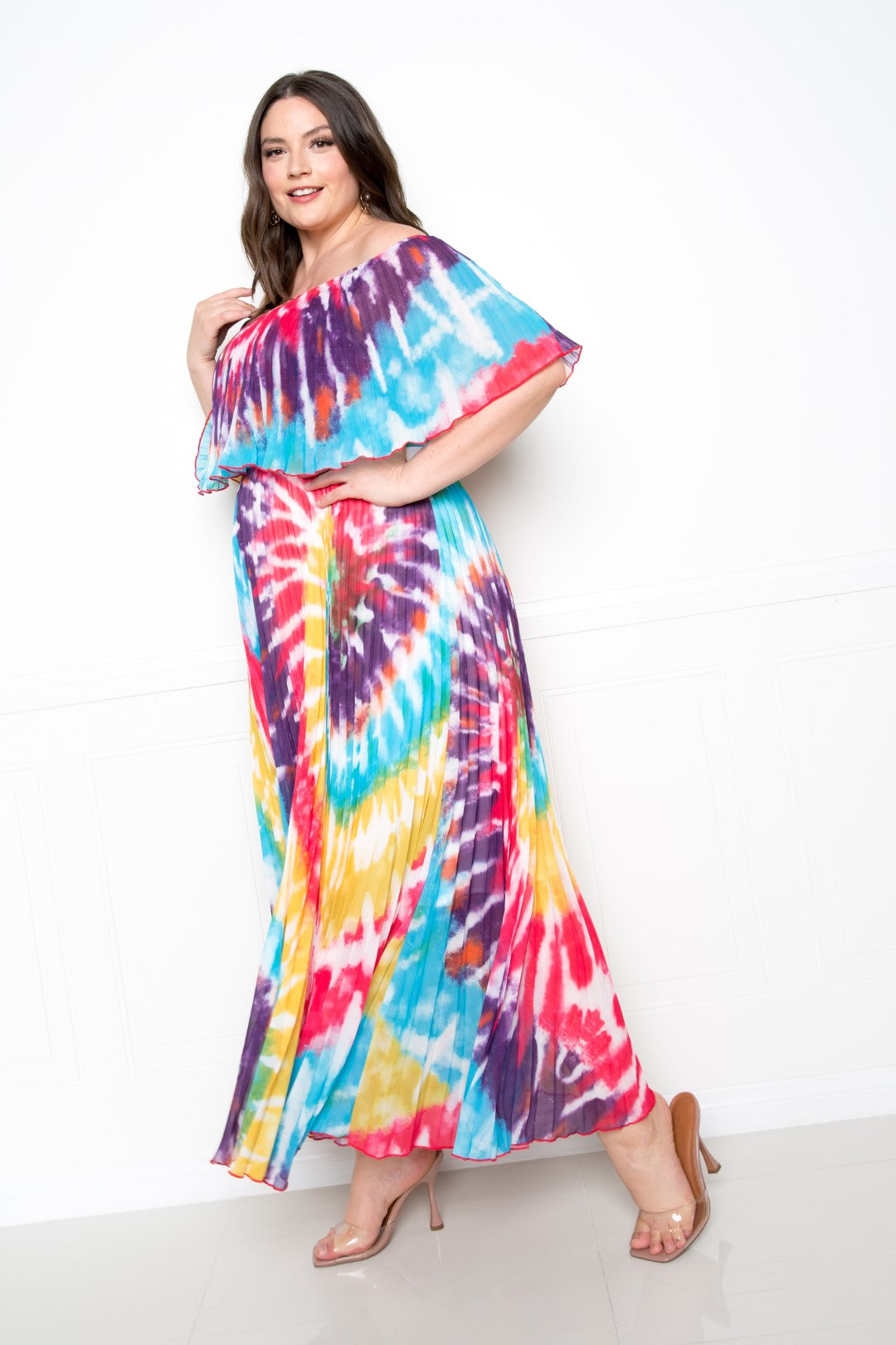 Plus Size Tie Dye Off Shoulder Pleated Maxi Dress