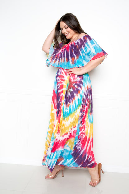 Plus Size Tie Dye Off Shoulder Pleated Maxi Dress