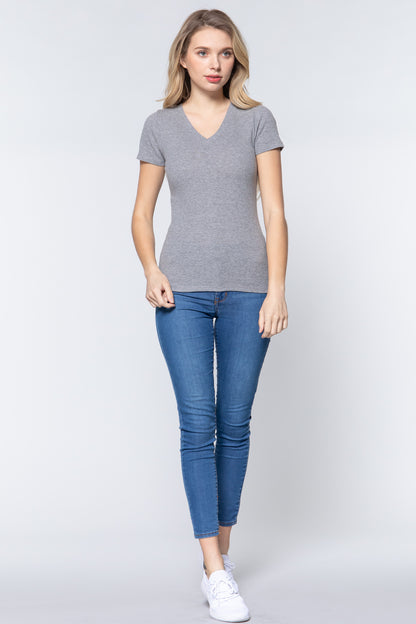 Short Sleeve V-neck Rib Top - Heather Grey