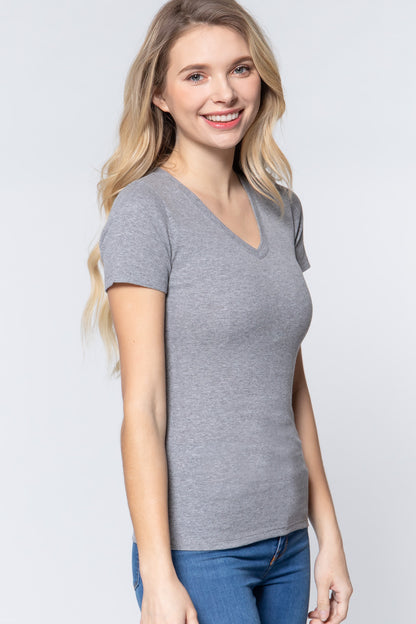 Short Sleeve V-neck Rib Top - Heather Grey