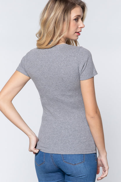 Short Sleeve V-neck Rib Top - Heather Grey