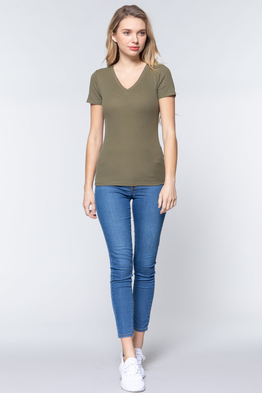 Short Sleeve V-neck Rib Top - Olive Green