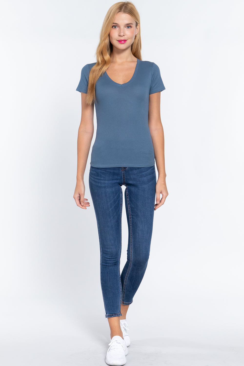 Short Sleeve V-neck Rib Top - Steel Blue