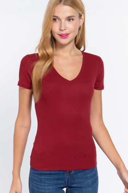 Short Sleeve V-neck Rib Top - Wine