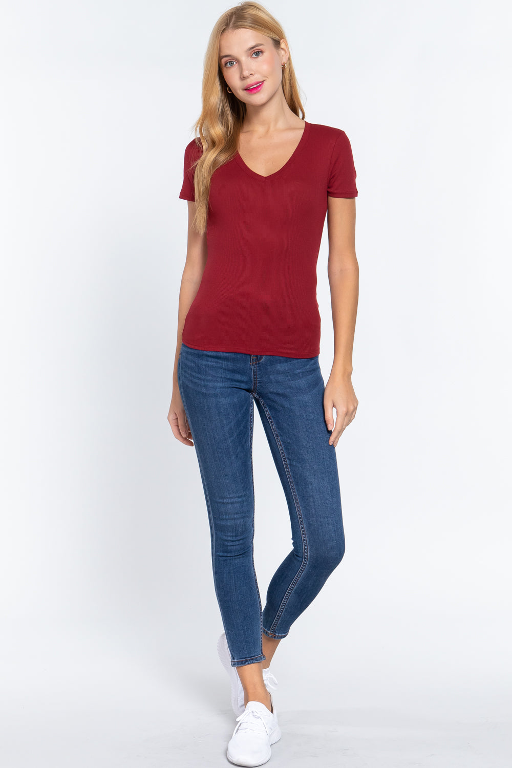 Short Sleeve V-neck Rib Top - Wine