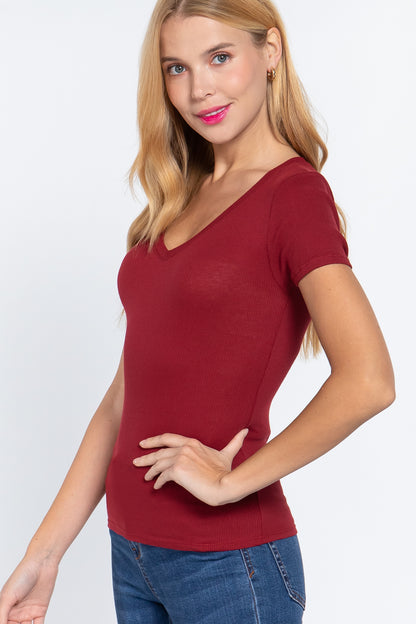 Short Sleeve V-neck Rib Top - Wine