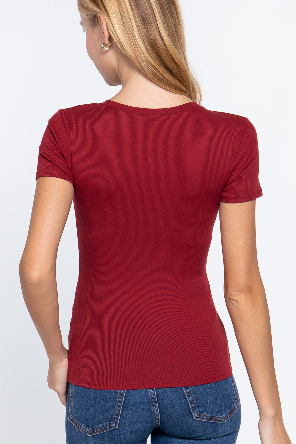 Short Sleeve V-neck Rib Top - Wine