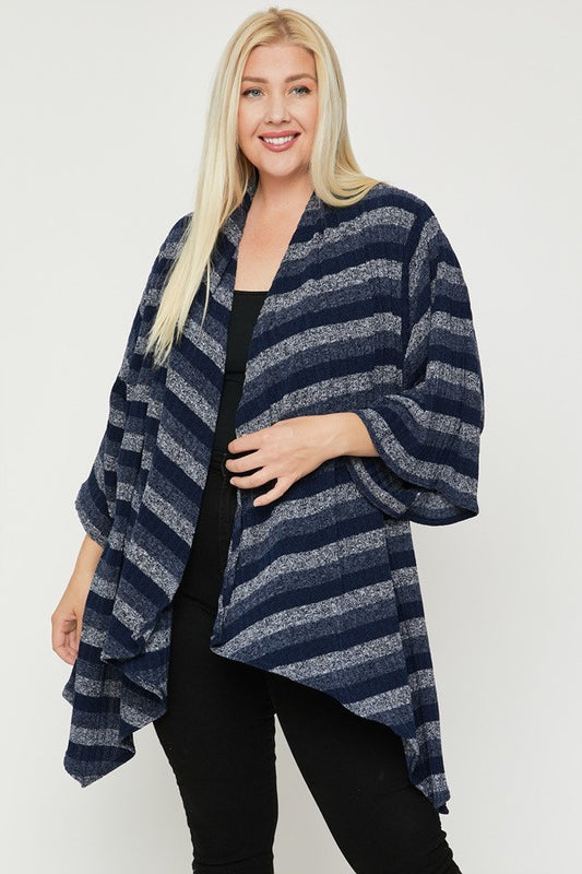 Kimono Style Striped Cardigan - Navy