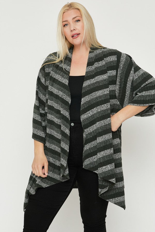 Kimono Style Striped Cardigan - Olive