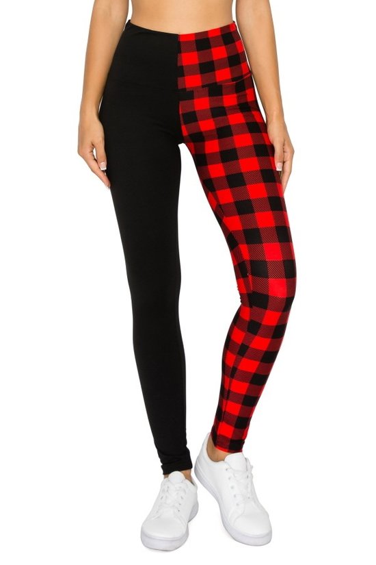 Spliced Black and Red Checkered Yoga Style Knit Leggings