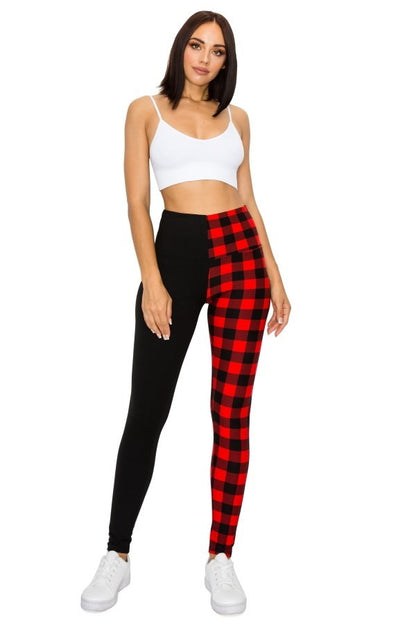 Spliced Black and Red Checkered Yoga Style Knit Leggings