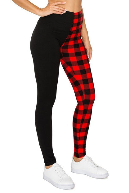 Spliced Black and Red Checkered Yoga Style Knit Leggings