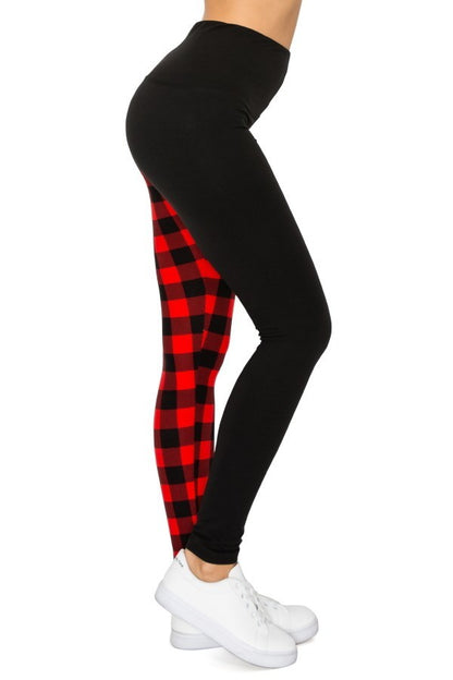 Spliced Black and Red Checkered Yoga Style Knit Leggings