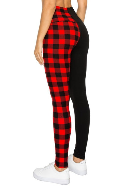 Spliced Black and Red Checkered Yoga Style Knit Leggings